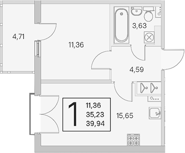 1-комнатная квартира 35.23 м², 4/4 эт., ЖК «Любоград в Стрельне»